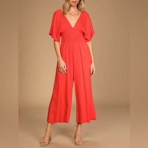 Lulus Spend Some Time Coral Smocked Short Sleeve Culotte Jumpsuit Medium Orange